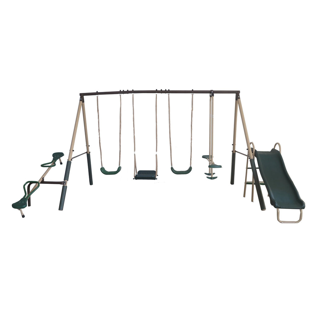 Crestview Metal Swing Set with 2 Swings & Slide, Green/Tan