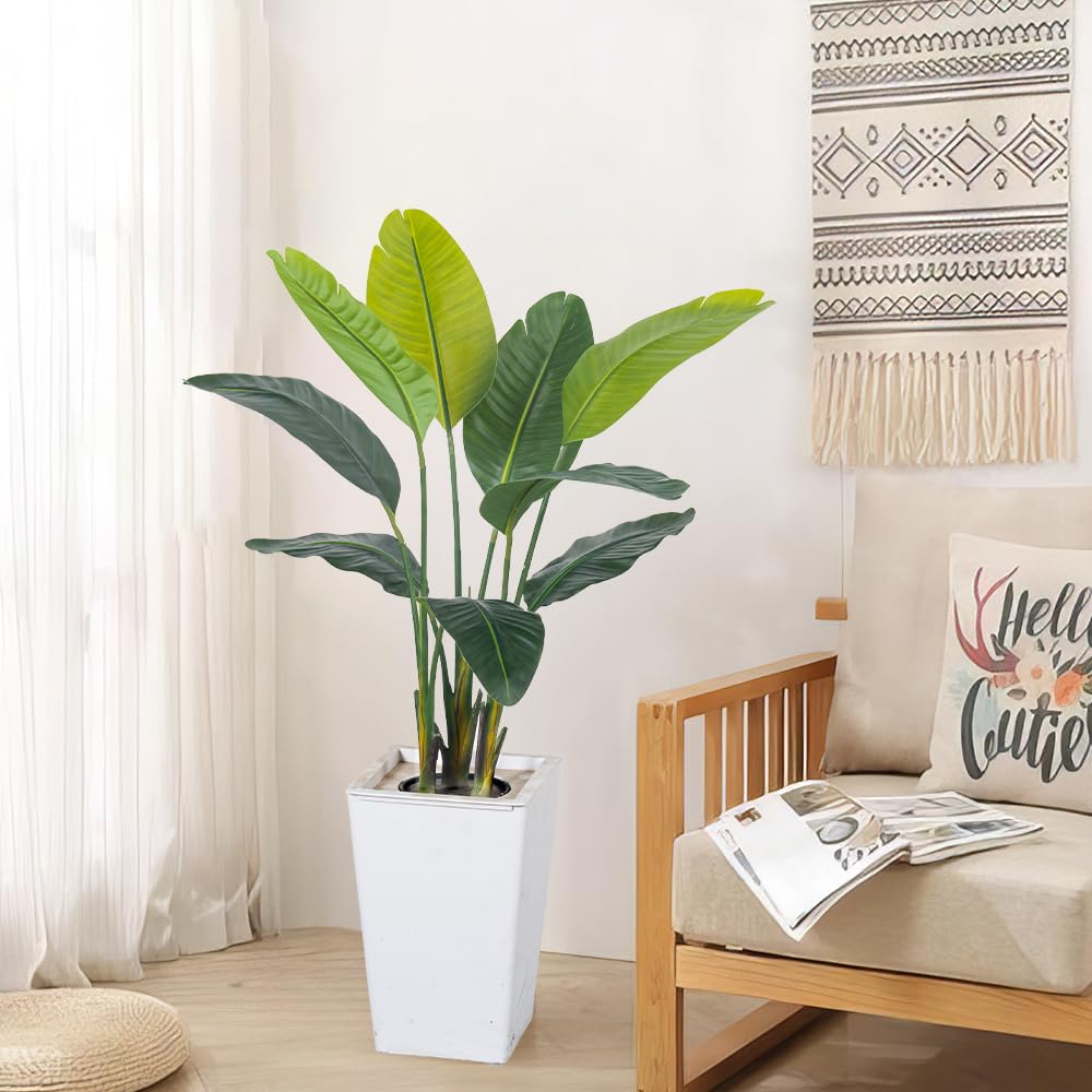 Bird of Paradise Artificial Plant 4FT, Faux Tropical Palm Tree with White Tall Planter, Large Fake Plants in Pot