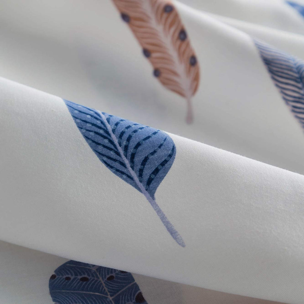 Bohemian Feather Duvet Cover Queen 100% Cotton 3 Pcs Set 1 Blue Brown Boho Duvet Cover with Zipper Ties 2 Pillowcases