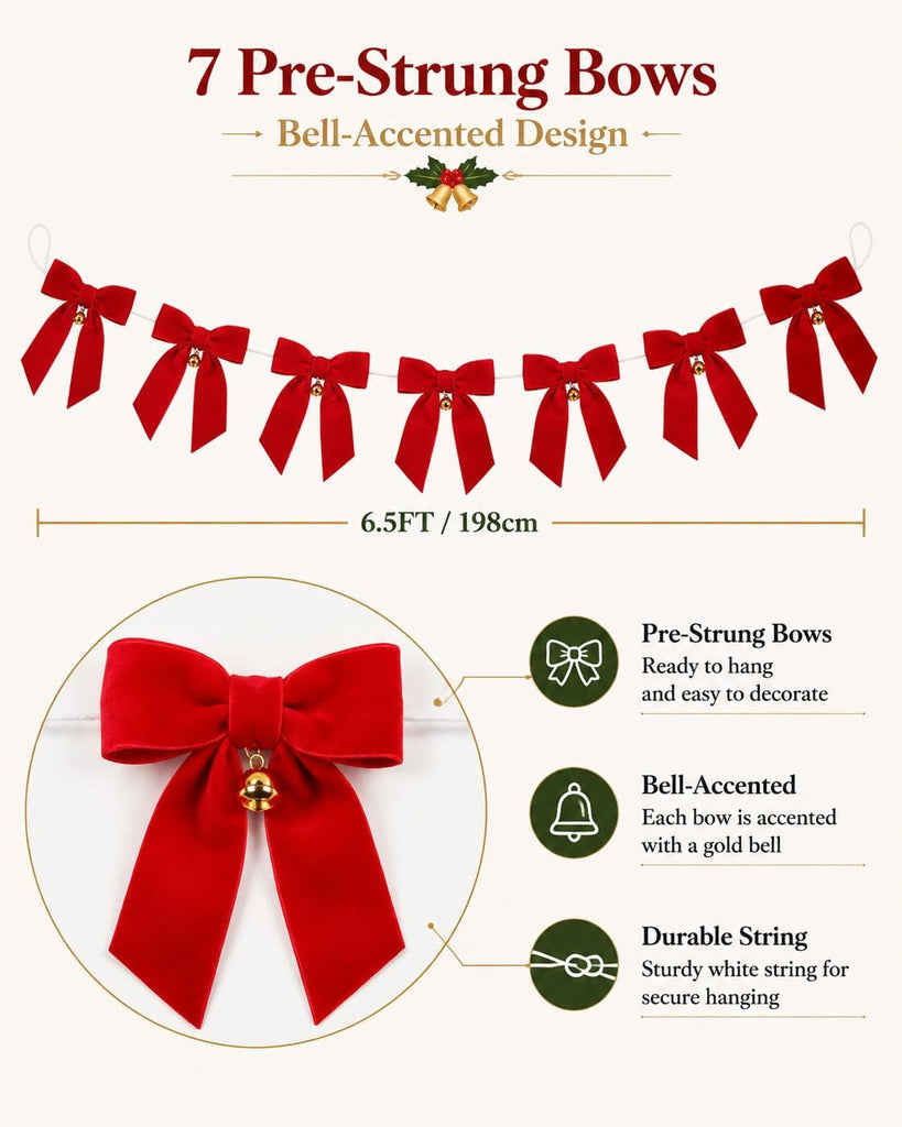 49 FT Christmas Pine Garland, 6.5 FT Velvet Red Bow Garland