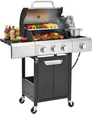 3-Burner Propane Gas Grill with Side Burner, 40,500 BTU Stainless Steel BBQ Grill with Cast Iron Grates and Wheels for Patio and Garden