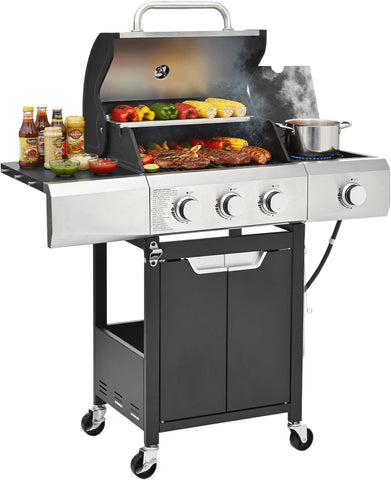 3-Burner Propane Gas Grill with Side Burner, 40,500 BTU Stainless Steel BBQ Grill with Cast Iron Grates and Wheels for Patio and Garden