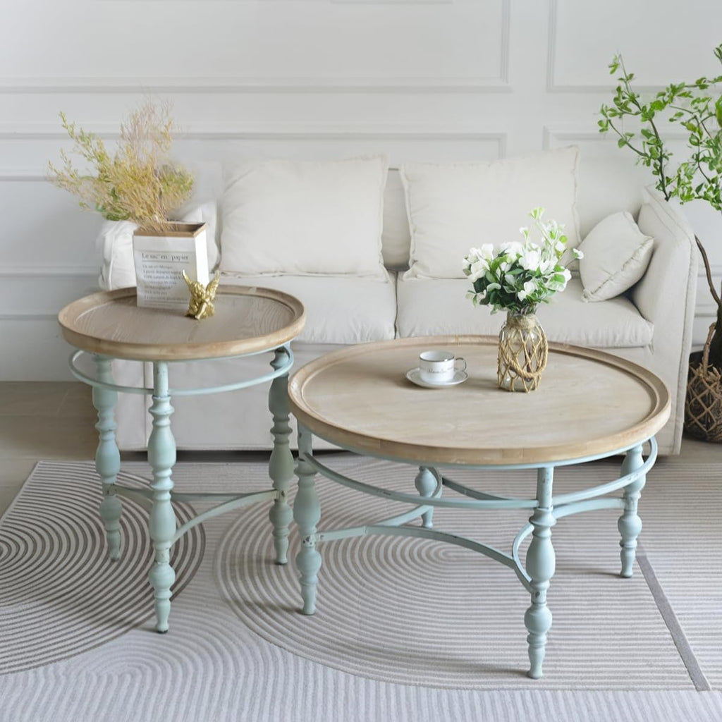 Rustic Farmhouse Round Coffee Table, French Country Vintage Center Table,φ31.5'' x18.9''H Rustic Solid Wood with