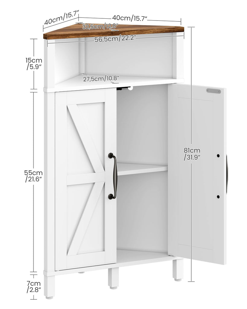 Farmhouse-Style Corner Cabinet, Corner Shelf with Open Storage, Double-Door Storage Cabinet, Twist-to-Lock Design