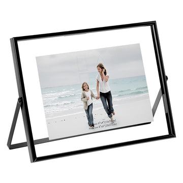6x8 Inch Black Floating Picture Frame Horizontal, Fits 5x7 4x6 3x5 Photos, Glass Double Panel Metal Frame for