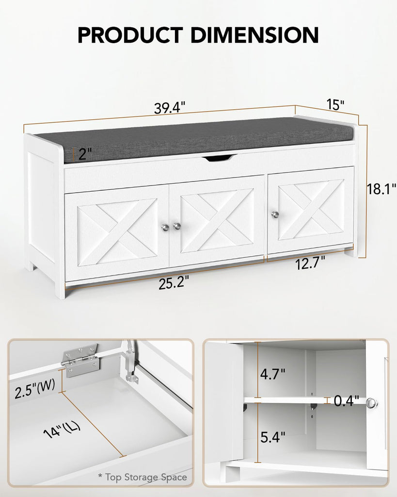 Farmhouse Shoe Storage Bench with Cushion, 3 Doors & Lift-Top Storage, Adjustable Shelves, 300 lbs Capacity Entryway