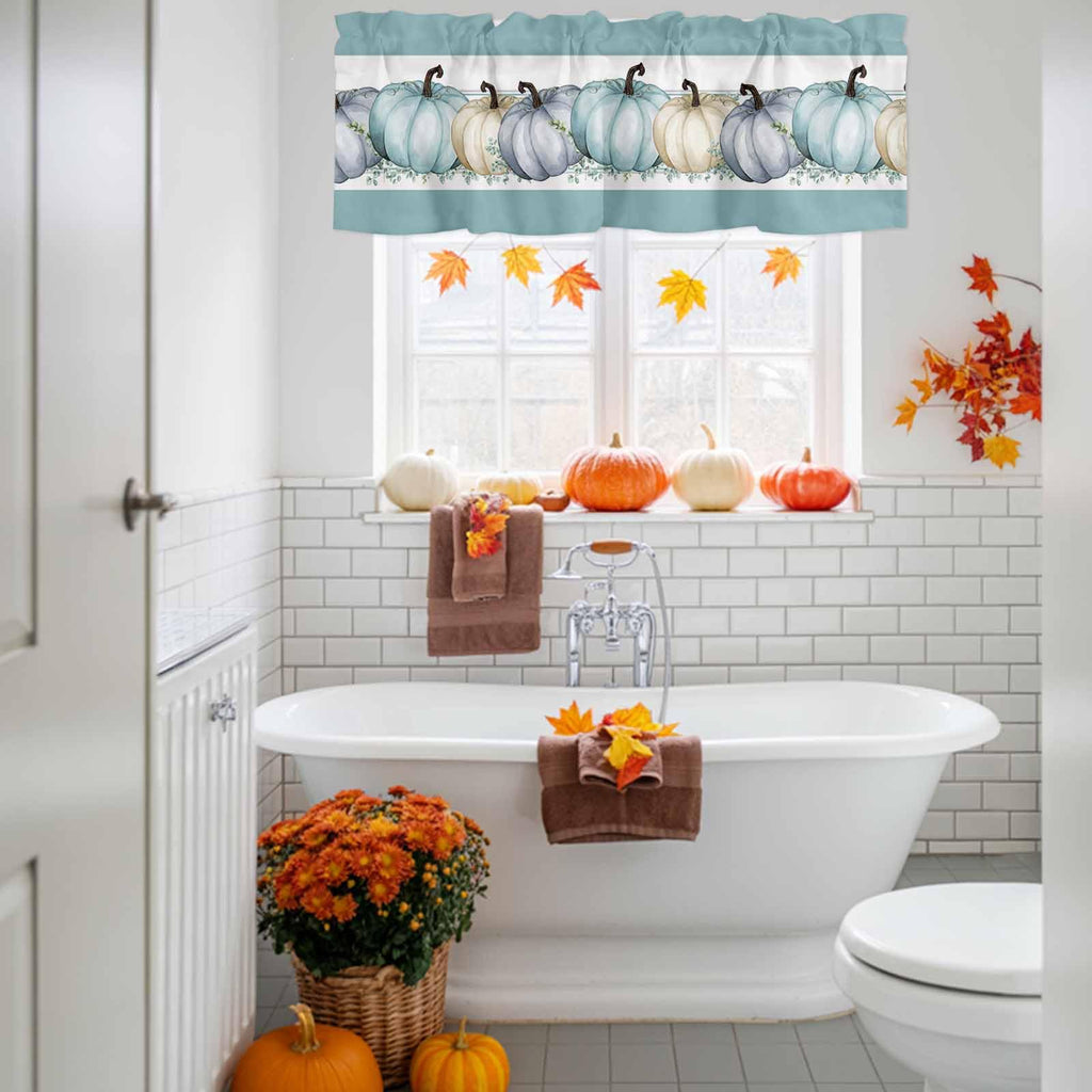 Fall Valance for Windows Blue Pumpkin Curtains Valances Harvest Thanksgiving Rod Pocket Valance Window Treatments