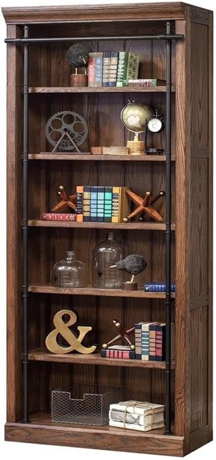 Avondale 120" W Contemporary Wood Bookcase Wall with Ladder Storage Organizer Display, 5 Adjustable Shelves