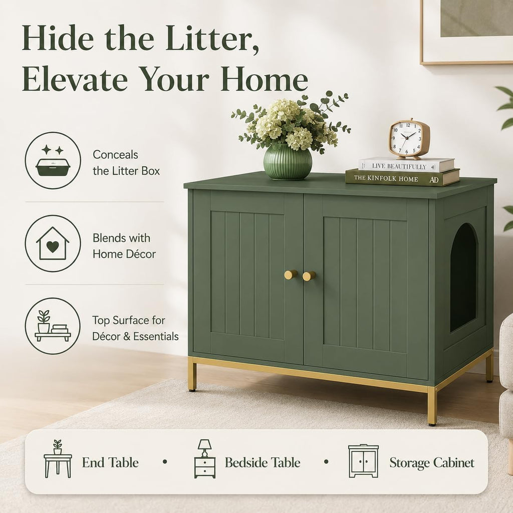 28.3" L Cat Litter Box Enclosure with Metal Frame, Green and Gold