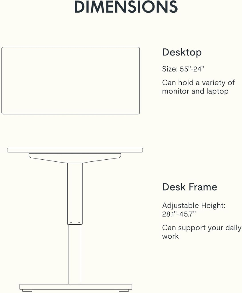 EN1 One-Piece Solid Wooden Standing Desk 55 x 24 Inches Height Adjustable Electric Sit Stand Home Office Desks (White