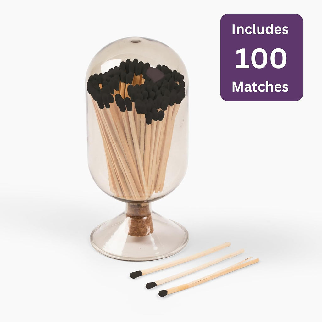 Premium Glass Match Cloche - Matches in a Jar with Striker. Long Matches for Candles, Fireplace, Bath Salts - Set of 100