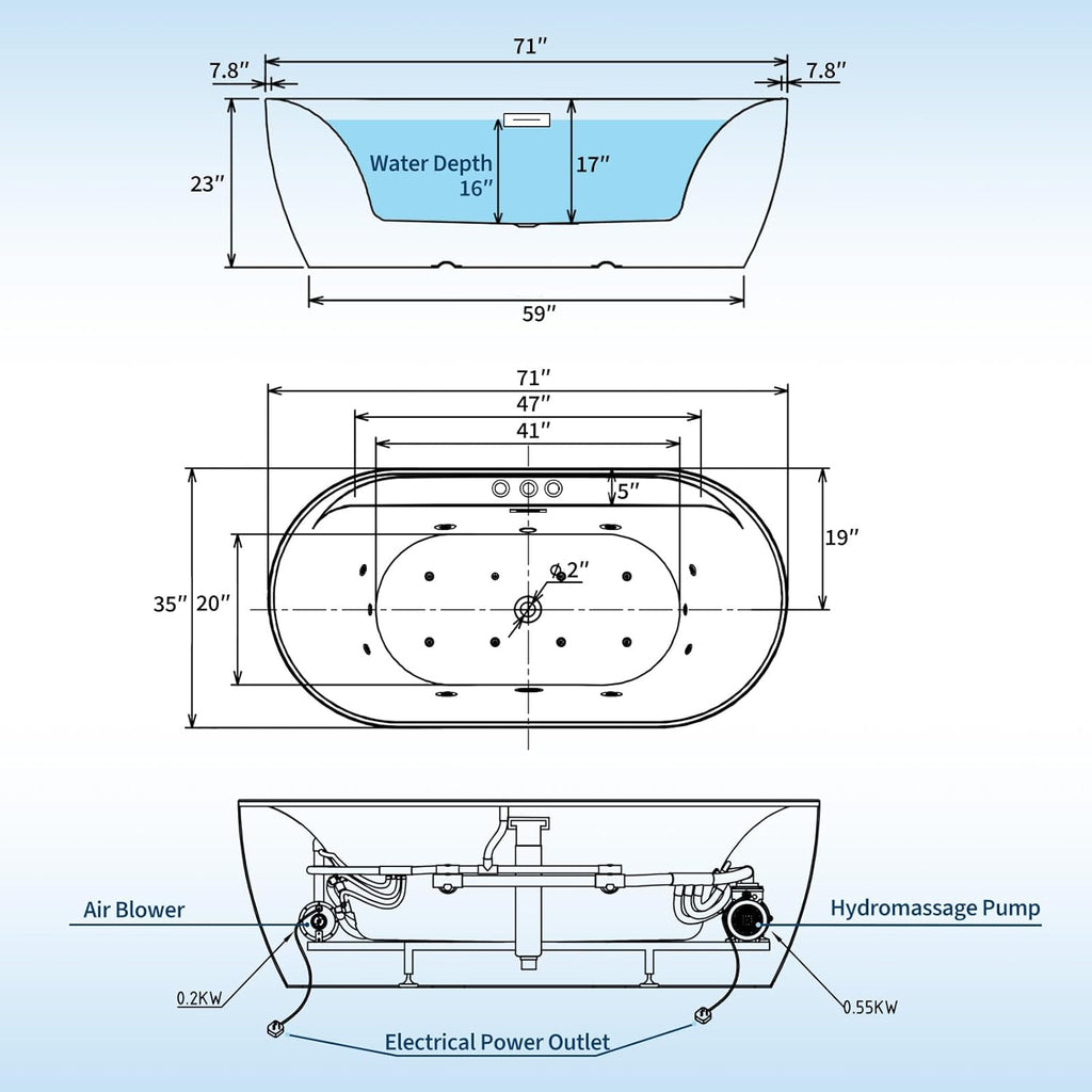 Acrylic Freestanding Bathtub, 71-Inch White Soaking Tub with Air Bubble Jets, Manual Control, Modern Stand-Alone Design