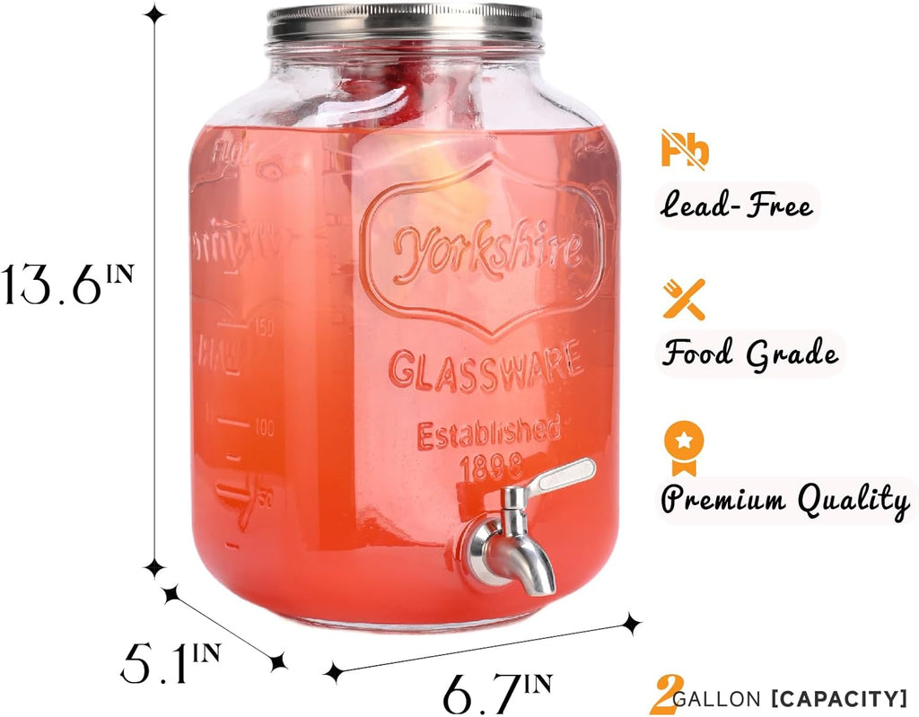 2 Gallon Glass Drink Dispenser For Parties,Beverage Dispenser,Lemonade Dispenser with 304 Stainless Steel Spigot