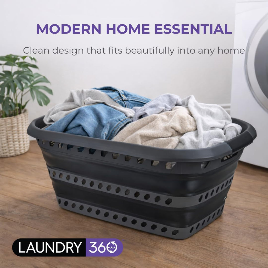 360 Collapsible Laundry Basket 40L | Portable | Space Saver Storage | Hold 2 Loads | Store Under the Bed or Closet |