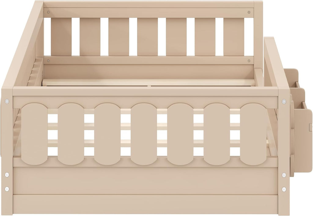 Floor Bed Frame for Kids with Fence and Bookshelves, Natural