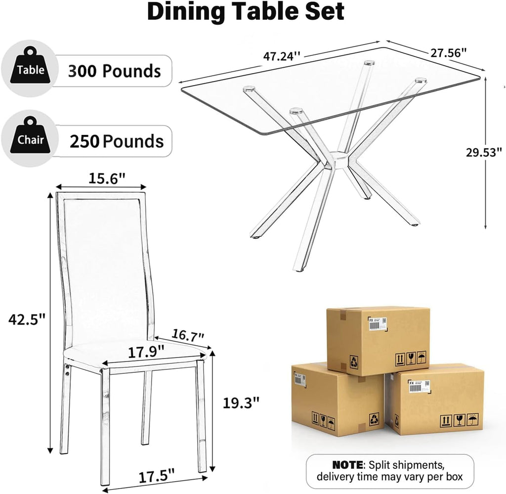 Modern Rectangular Glass Dining Table Set of 6, 47'' Minimalism Kitchen Table with 6 White Silver PU Leather High