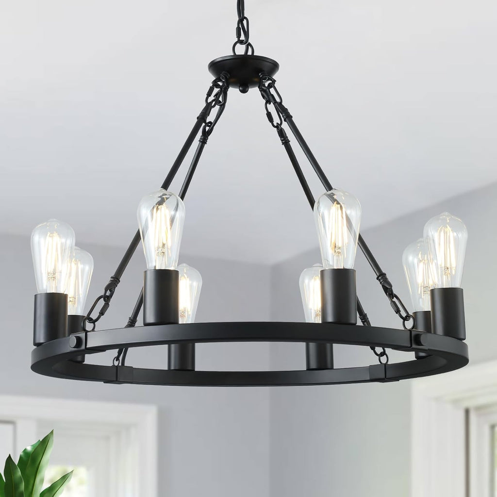 8 Lights Wagon Wheel Chandelier, Black Kitchen Island Lighting Fixture Round Metal Industrial Farmhouse Dining Room Pendant Light for Living Room Foyer Entryway,E26 Socket, 23.6". Height Adjustable A105-B0D78CXHYK