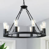 8 Lights Wagon Wheel Chandelier, Black Kitchen Island Lighting Fixture Round Metal Industrial Farmhouse Dining Room Pendant Light for Living Room Foyer Entryway,E26 Socket, 23.6". Height Adjustable A105-B0D78CXHYK