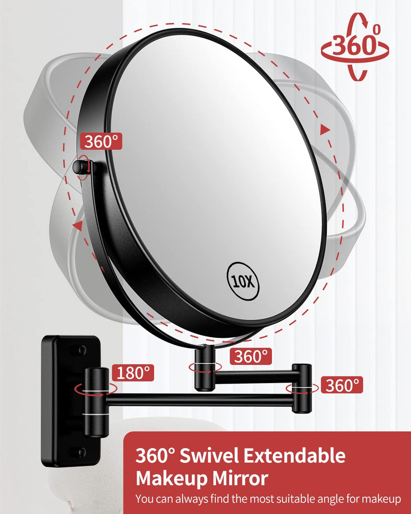 9" Large Size Wall Mount Magnifying Mirror, 1X/10X Magnification Double-Sided, 360° Swivel Extendable Cosmetic Vanity