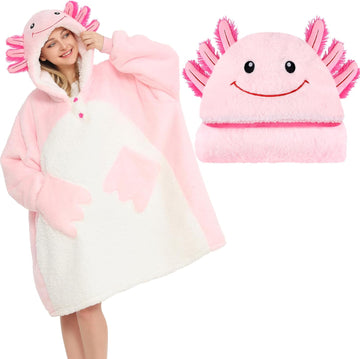 Axolotl Wearable Blanket Hoodie for Women & Men - Oversized Snuggable Sweatshirt with Paw Print Shaped Pockets