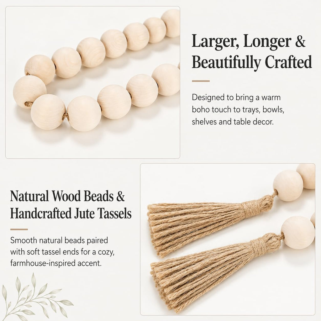 Extra Large Wood Bead Garland with 1.6" Diameter Wooden Beads and Tassels, 41" Long Rustic Farmhouse Country