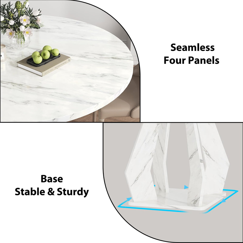 White Marble Round Dining Table, Modern Wood Dinner Tables, 47 Inch