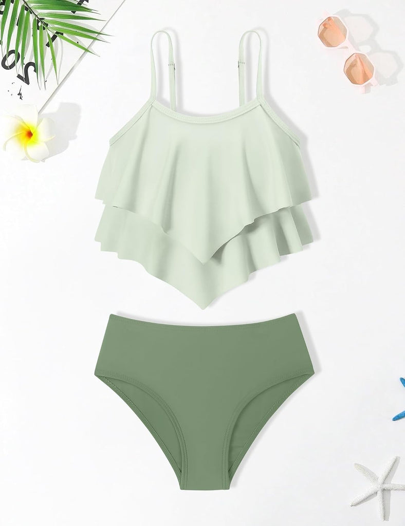 Girls Swimsuit 2 Piece Bikini Set Tiered Ruffled Bathing Suit Adjustable Straps Girls' Swimwear