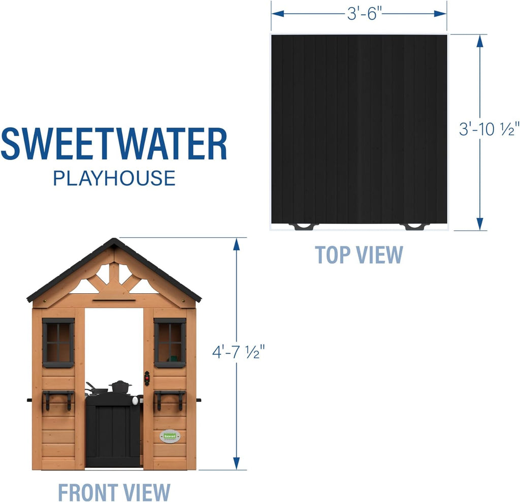 Sweetwater Cedar Wooden Kids Playhouse Cottage with Play Kitchen, Snack Bar, Half Door, Toy Phone, Windows, Flowerpot