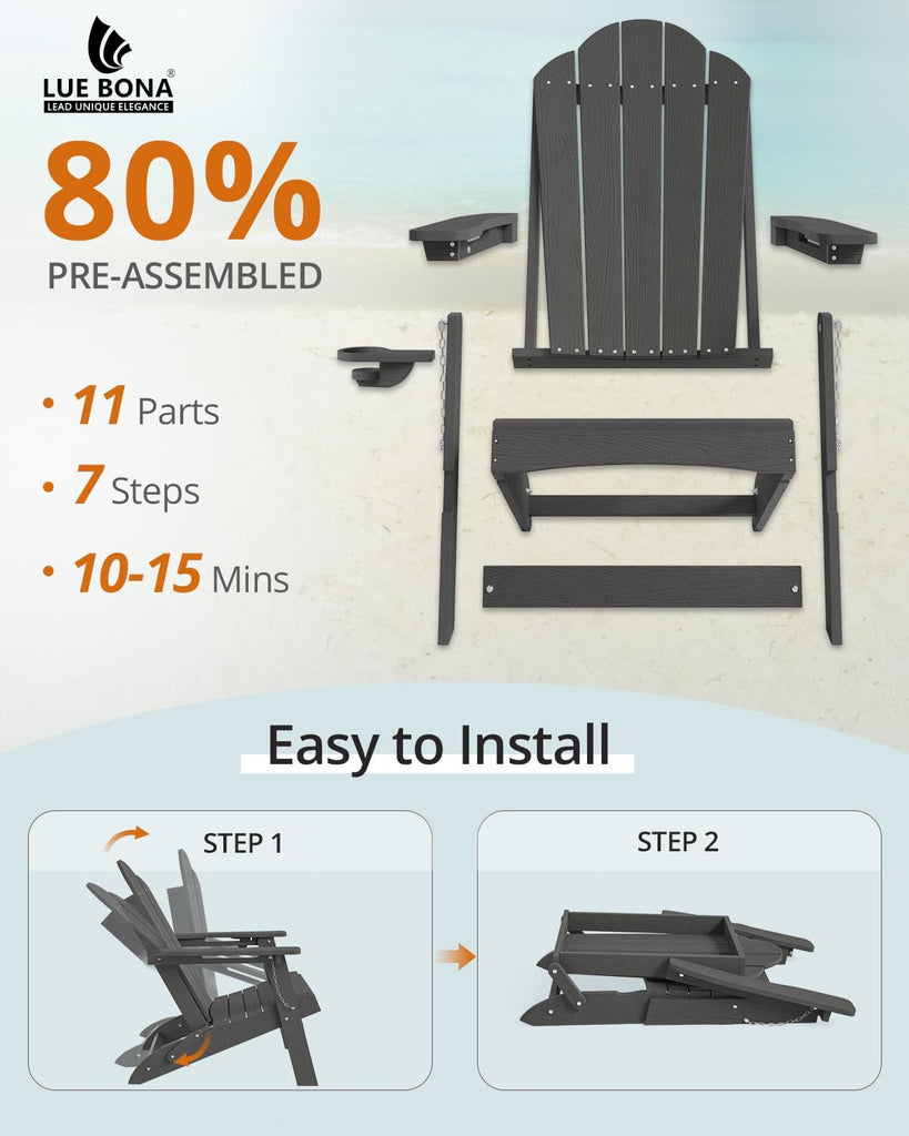 HDPE Folding Adirondack Chair, Cup Holder, Set of 4, Black | HDPE poly lumber, folable, all-weather resistant, Low