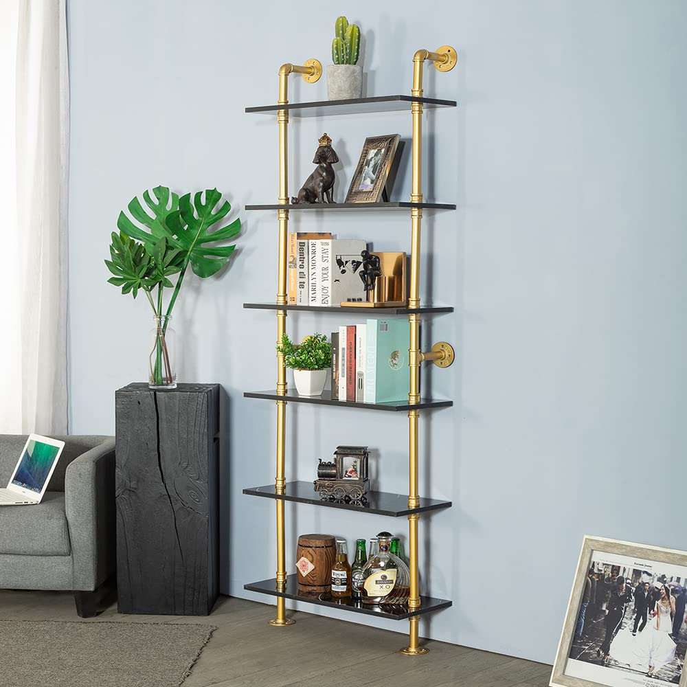 6-Tier Black Faux Marble and Gold Shelves Bookshelf Decor Industrial Pipe Shelving Metal (23.6x9.8x66.9")
