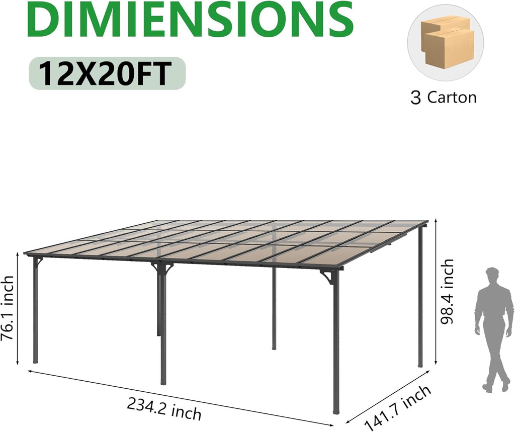 20x12FT Gazebo Lean to Gazebo Sloped Roof, Wall Mounted Heavy Duty Awnings, Galvanized Steel Frame&Hardtop Pergola