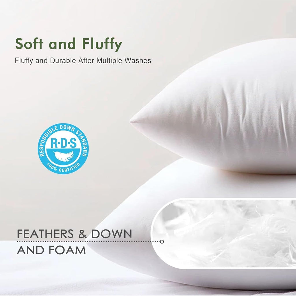Feather Down Throw Pillow Inserts 18 x 18, 100% Organic Cotton Shell, Soft Decorative Square Pillows Insert - Set of 2
