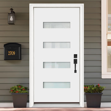 Fiberglass Exterior Front Door 36x80in, Left-Hand Inswing 4-Lite Frosted Glass White Primed Knock-Down French Entry