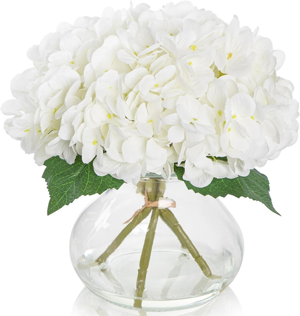 Artificial Hydrangea Flowers with Glass Vase, White Silk Fake Floral Arrangement for Dining, Coffee Table