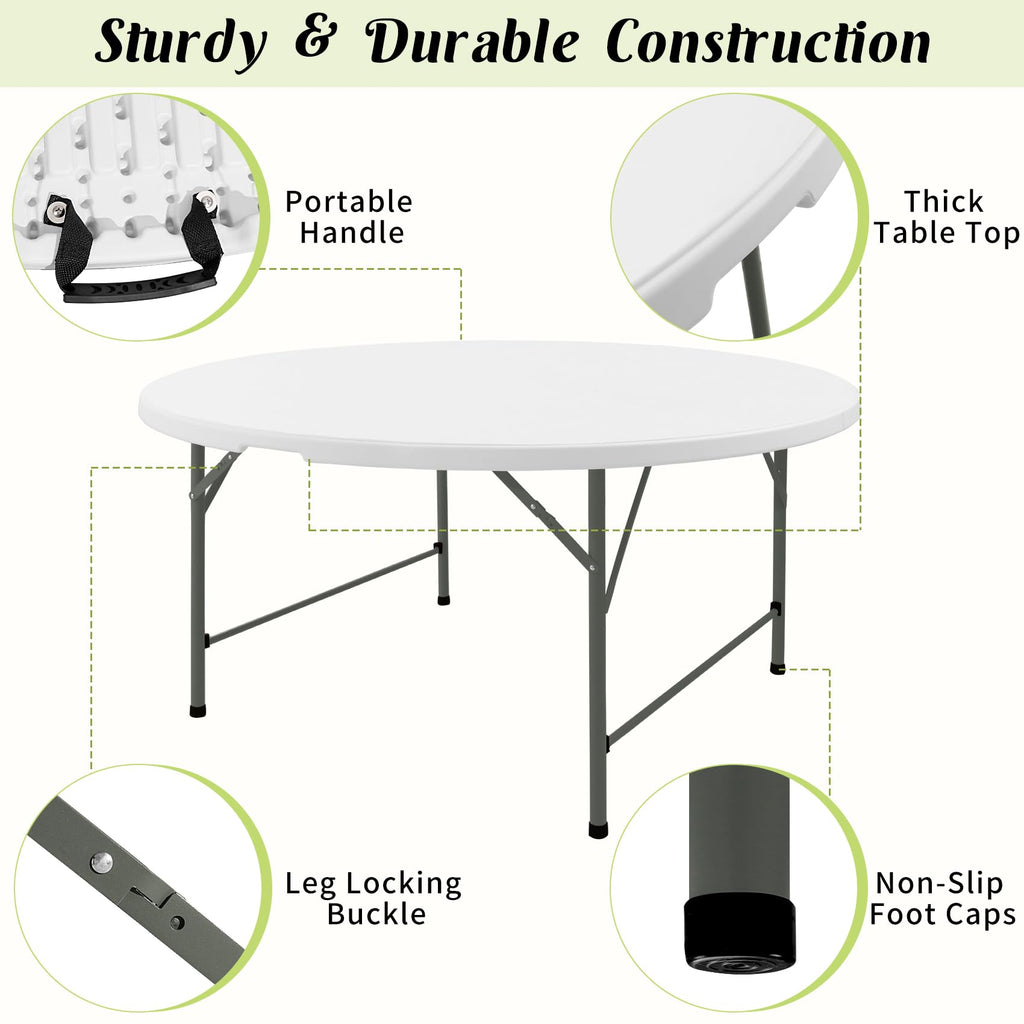 5 FT Round Folding Tables White Foldable Table, Fold-in-Half with Carrying Handle Portable Plastic Table for Party