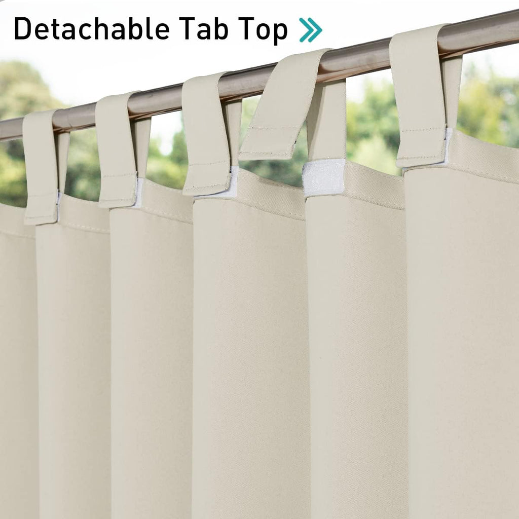 2 Panels Outdoor Patio Curtainss Waterproof Room Darkening Drapes, Detachable Sticky Tab Top Thermal Insulated