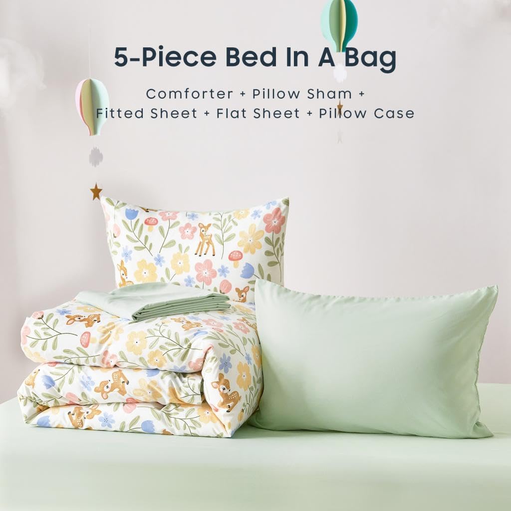Floral Bedding Set for Girls, Cute Colorful Botanical Flowers Deers Patterned Soft Lightweight Comforter Set with Sheets, 5 Pieces Kids Bed in a Bag, Green Cream, Twin Size