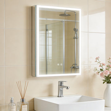 20 x 28 LED Bathroom Medicine Cabinet, Square Lighted Mirror Cabinet with 3-Color Dimmable Lighting, Memory Function