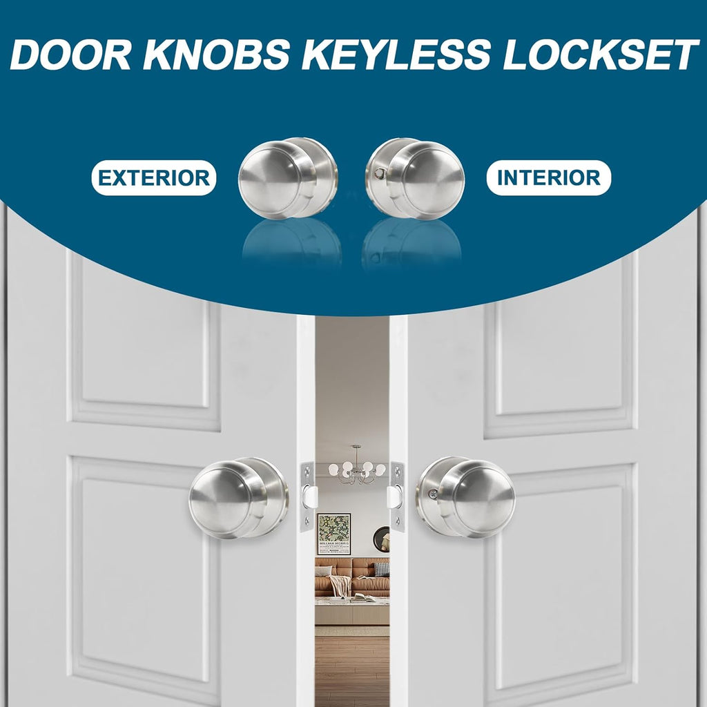 Passage Door Knobs, 6 Pack Satin Nickel Door Knobs, & Closet Non-Locking Interior Round Door Handles Keyless