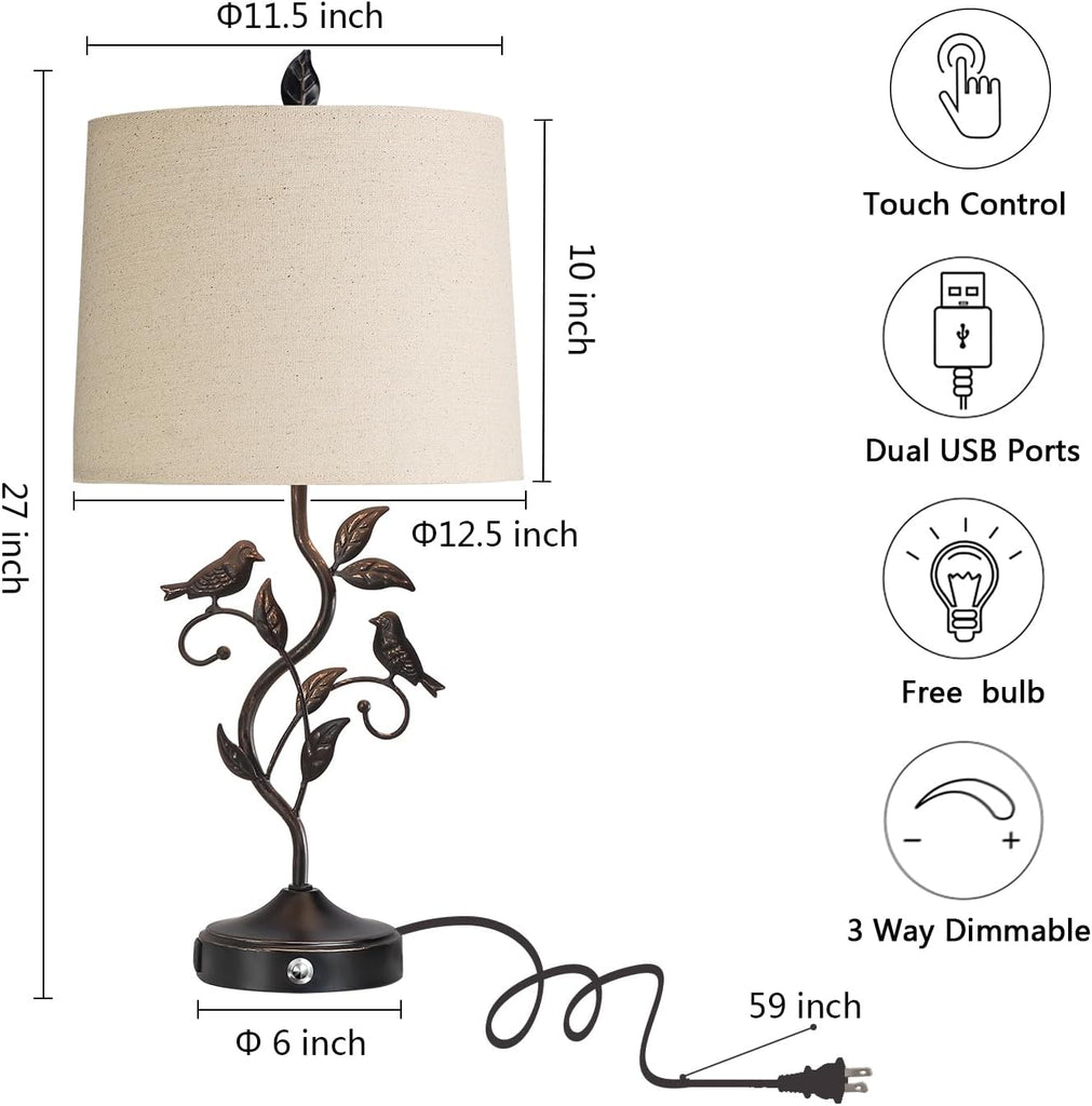 27" Touch Farmhouse Table Lamps with 3-Way Dimmable 2 USB Ports, Vintage Rustic Iron Leaf Nightstand Lamp