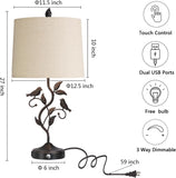 27" Touch Farmhouse Table Lamps with 3-Way Dimmable 2 USB Ports, Vintage Rustic Iron Leaf Nightstand Lamp