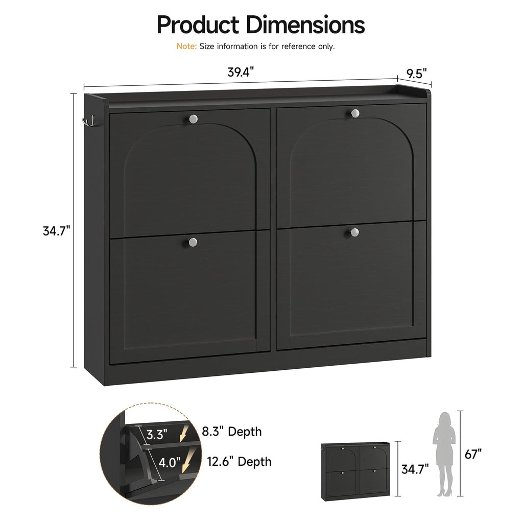 Shoe Cabinet with 4 Flip Drawers & 2 Side Hooks, Black
