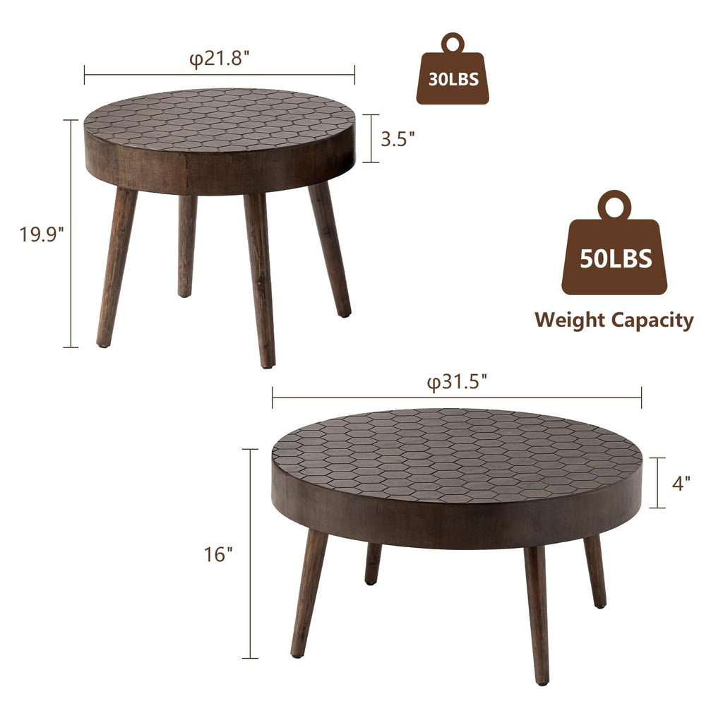 Round Coffee Table Set of 2, Nesting Tables with Honeycomb Pattern, Modern End Table, Farmhouse, Brown