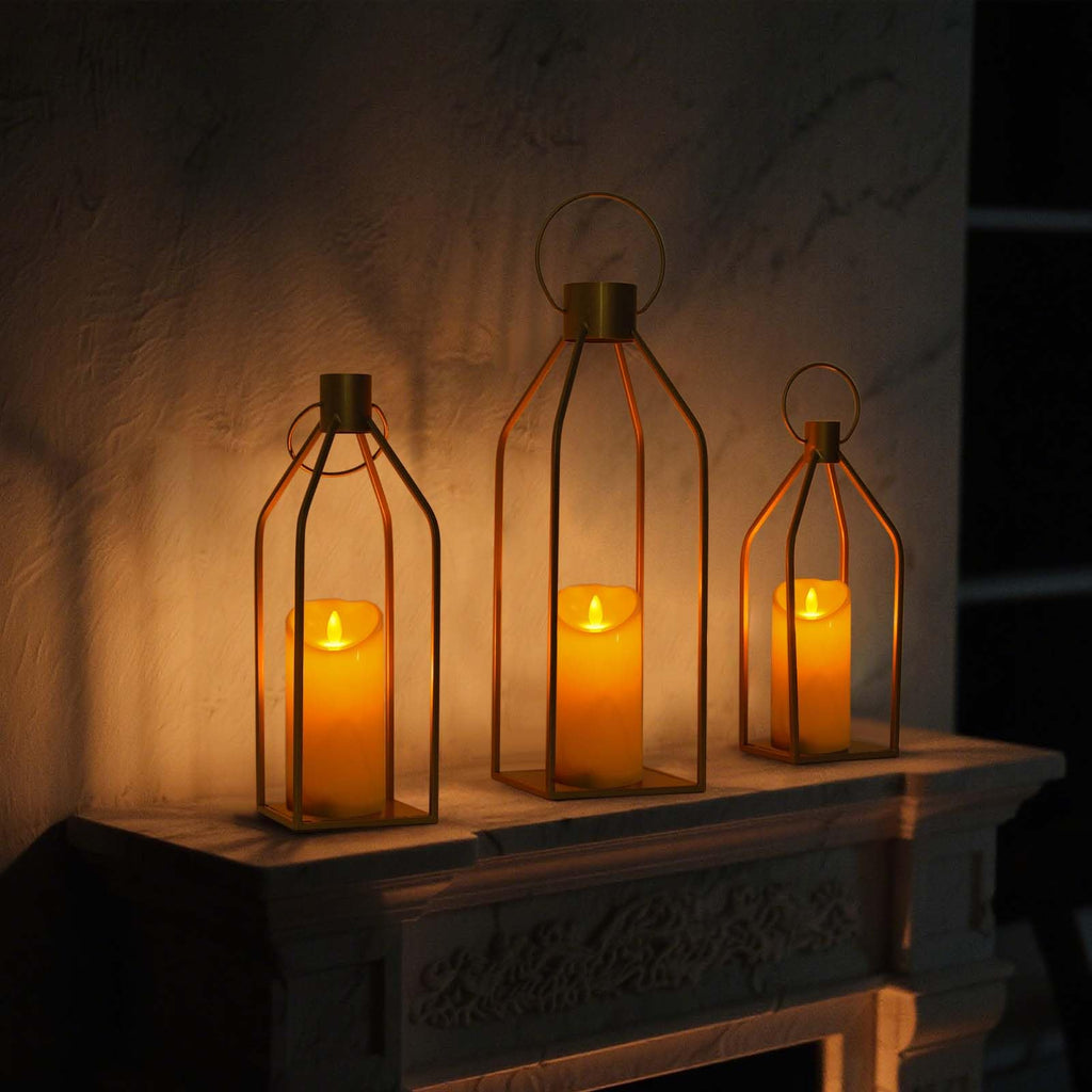 Elegant Gold Decorative Lanterns Set of 3-19/16/13 Inch Metal Indoor Lanterns Decorative with Flickering LED Candles