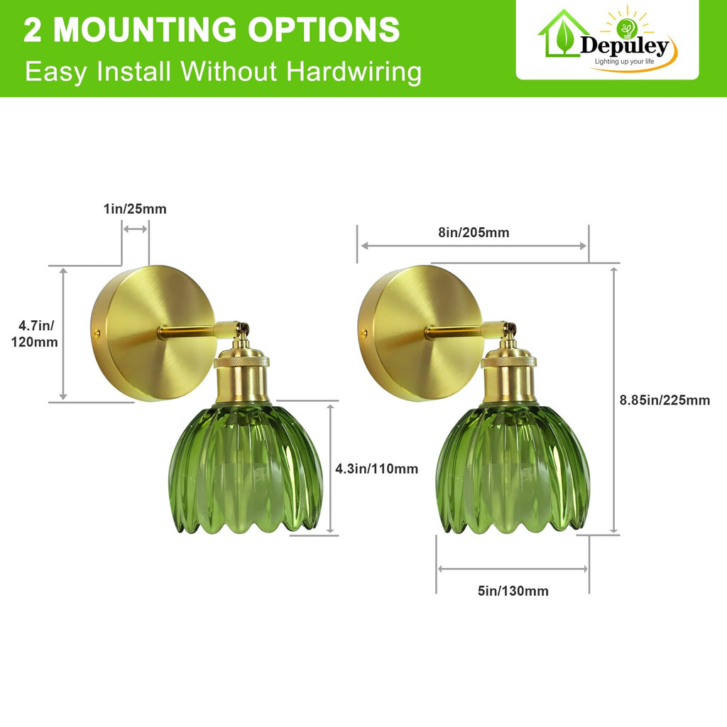 Battery Operated Wall Sconce: Set of 2 Wireless Wall Lights with Tulip Glass Lampshade - Rechargeable 15 Colors Gold