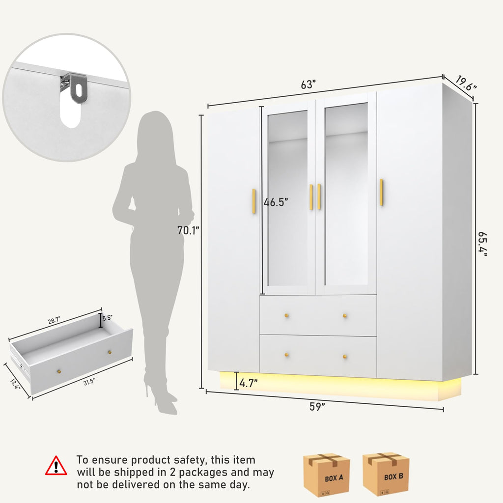 4 Door Wardrobe Closet with Mirrors and LED Lights, Bedroom Armoire with Drawers and Shelves, Modern Wooden Armoire