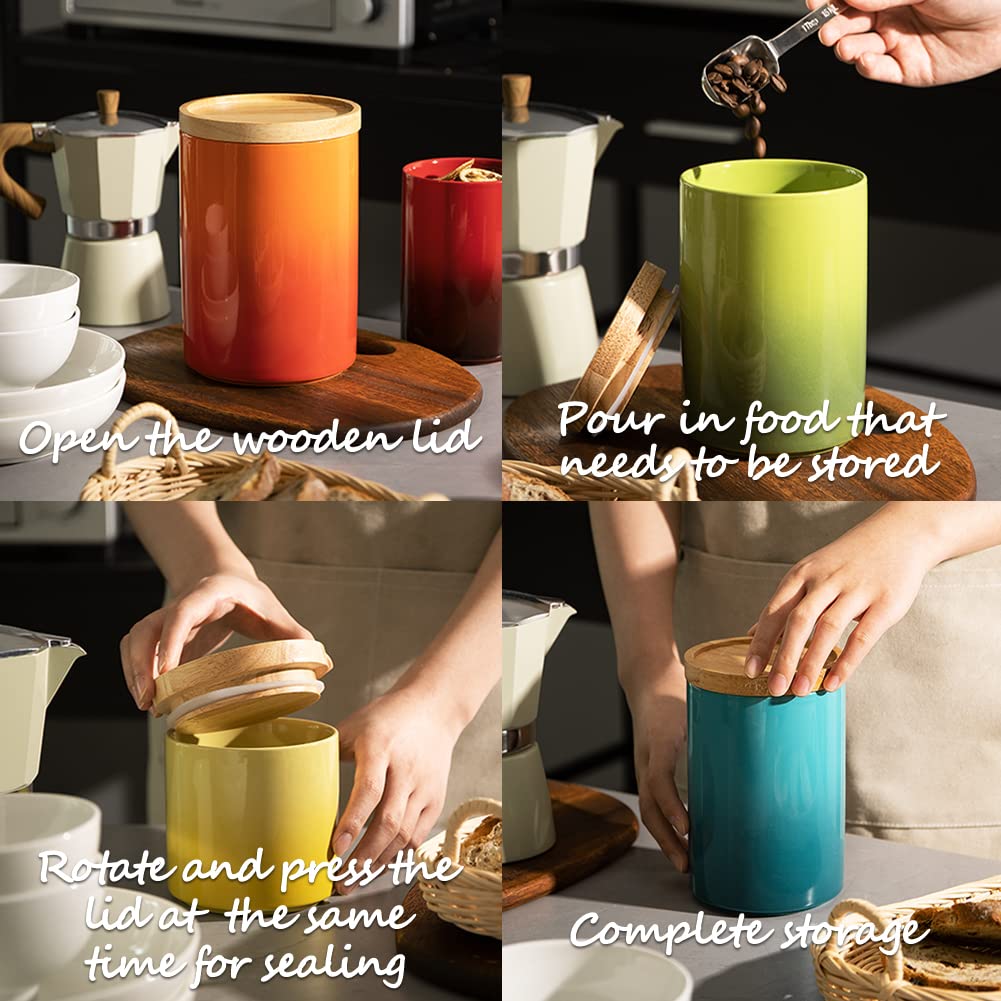 Ceramic Food Storage Jar, Stackable Kitchen Canisters, Containers with Airtight Seal Wooden Lid for Serving Ground