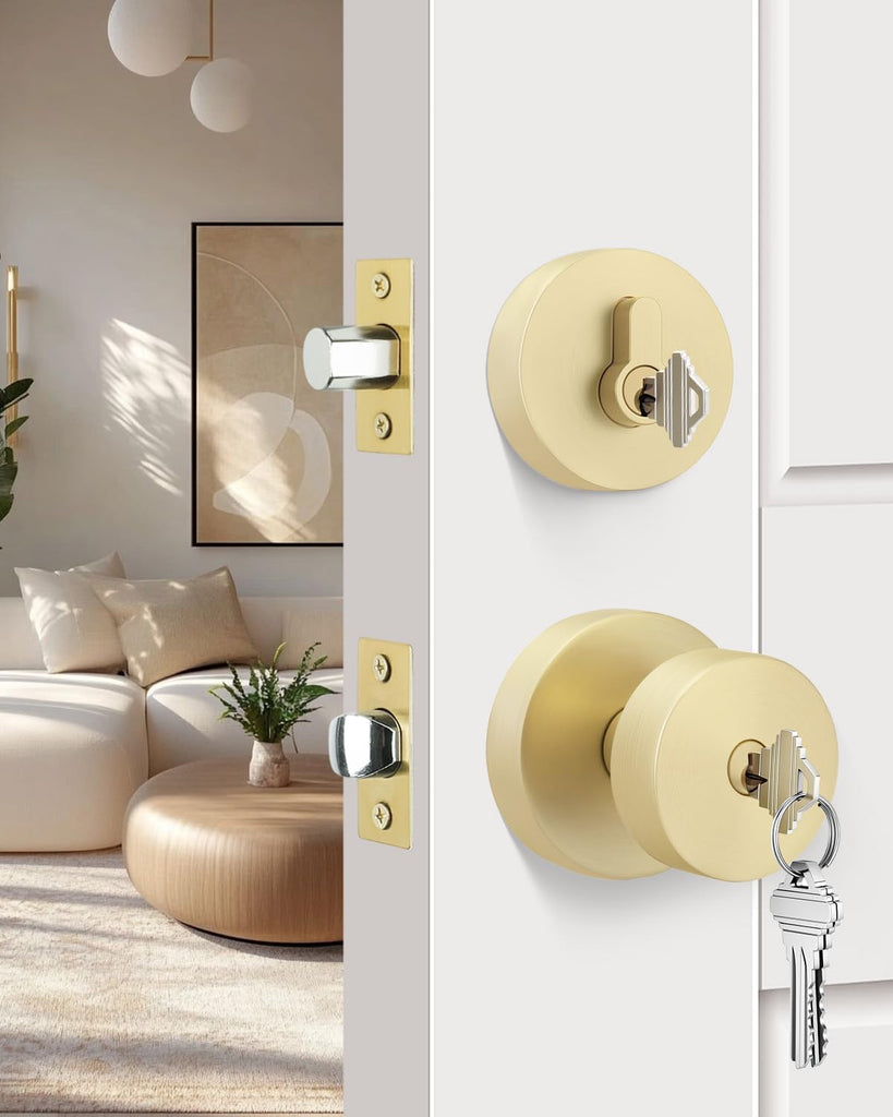 Brushed Gold Entry Door Knobs with Deadbolt Zinc-Alloy (3 Pack)