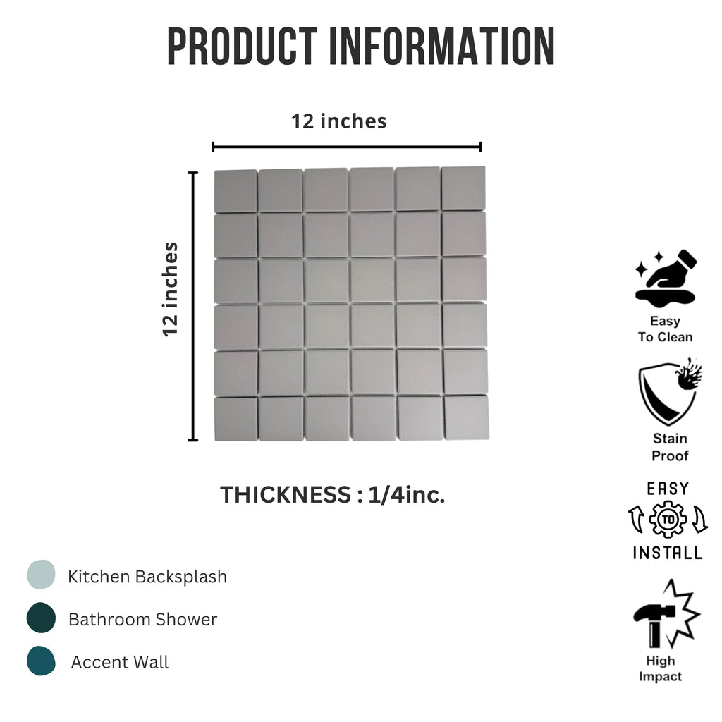 Gray 2x2 Porcelain Mosaic Tile Square Matte Finish on 12"x12" Mesh - Durable Water-Resistant Tile Backsplash Bathroom