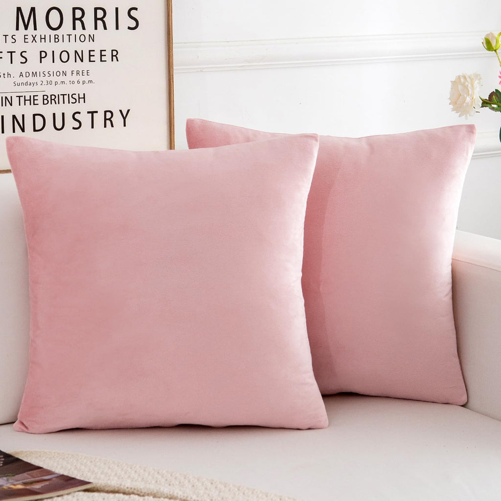 Velvet Decorative Throw Pillow Covers, Soft Square Cushion Case Home Decor, Set of 2 Pack, Pink, 18x18 Inch